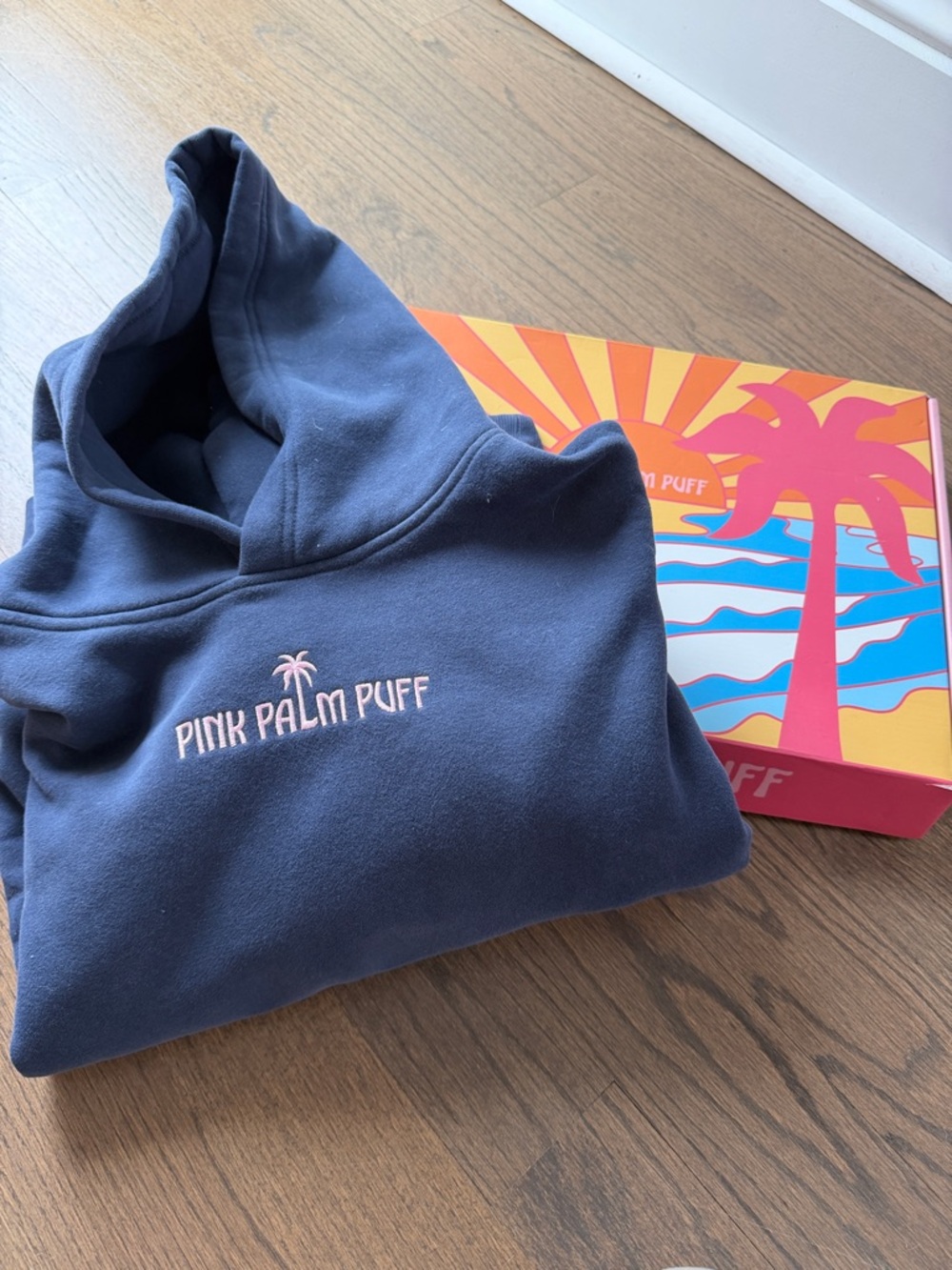 Pink Palm Puff Navy Hoodie M